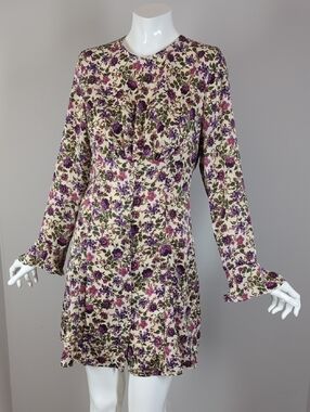 Zara Floral Long-Sleeve Mini Dress - Purple/Cream Small